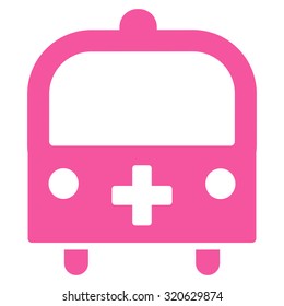 Medical Bus vector icon. Style is flat symbol, pink color, rounded angles, white background.
