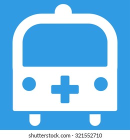 Medical Bus vector icon. Style is flat symbol, white color, rounded angles, blue background.