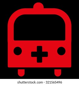 Medical Bus vector icon. Style is flat symbol, red color, rounded angles, black background.