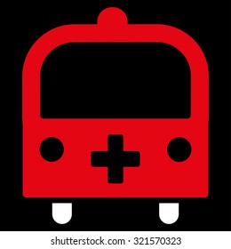 Medical Bus vector icon. Style is bicolor flat symbol, red and white colors, rounded angles, black background.