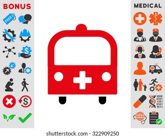 Medical Bus vector icon. Style is bicolor flat symbol, intensive red and black colors, rounded angles, white background.