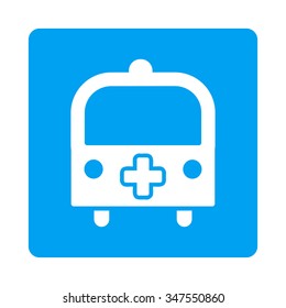 Medical Bus vector icon. Style is flat rounded square button, white and blue colors, white background.