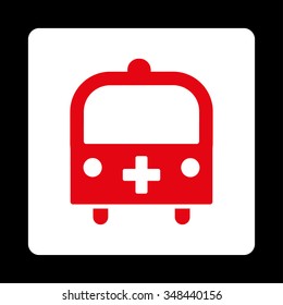 Medical Bus vector icon. Style is flat rounded square button, red and white colors, black background.
