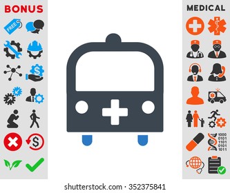Medical Bus vector icon. Style is bicolor flat symbol, smooth blue colors, rounded angles, white background.