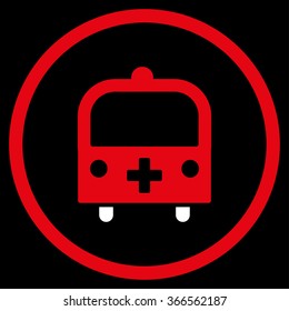 Medical Bus vector icon. Style is bicolor flat circled symbol, red and white colors, rounded angles, black background.