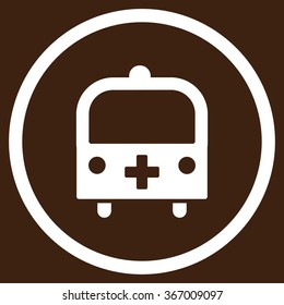 Medical Bus vector icon. Style is flat circled symbol, white color, rounded angles, brown background.