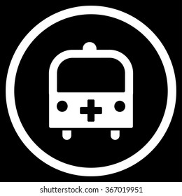 Medical Bus vector icon. Style is flat circled symbol, white color, rounded angles, black background.