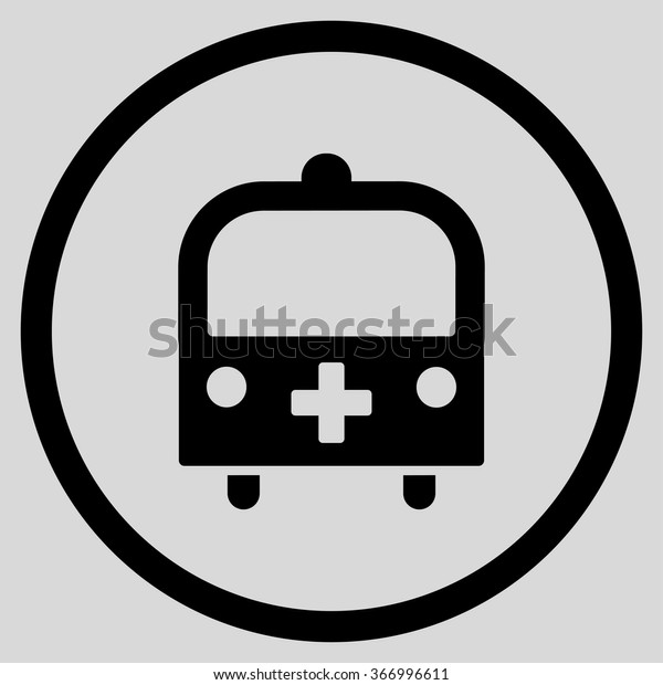 Medical Bus vector icon.\
Style is flat circled symbol, black color, rounded angles, light\
gray background.