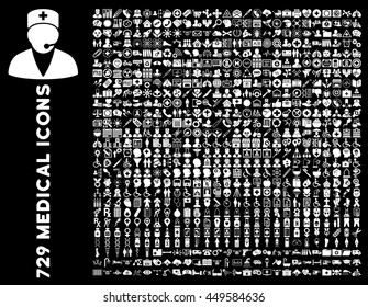 Medical business and doctor vector icon clipart. Style is white flat pictograms isolated on a black background.