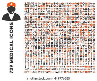 Medical business and doctor vector icon set. Style is bicolor orange and gray flat icons isolated on a white background.
