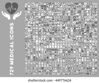 Medical business and doctor vector icon set. Style is bicolor dark gray and white flat pictograms isolated on a silver background.
