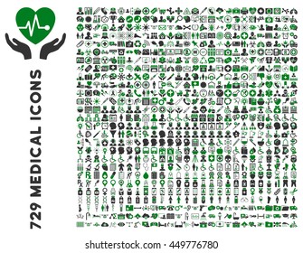 Medical business and doctor vector icon set. Style is bicolor green and gray flat icons isolated on a white background.