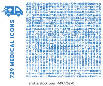 Medical business and healthcare vector icon set. Style is cobalt flat pictograms isolated on a white background.