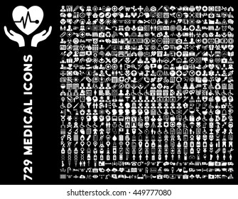 Medical business and healthcare vector icon set. Style is white flat pictograms isolated on a black background.