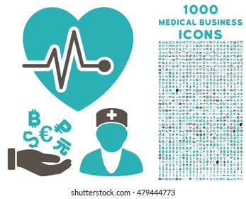 Medical Business vector bicolor icon with 1000 medical business icons. Set style is flat pictograms, grey and cyan colors, white background.