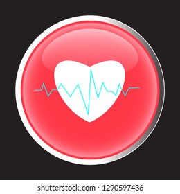 Medical button The buttons have a glossy red color. Heart shape button, heart wave for push button release Sticker design Modern vector design