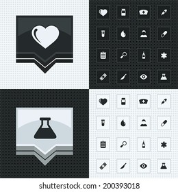 Medical button and icon 3d set with pattern background