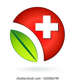 botão médico com folha e cruz
