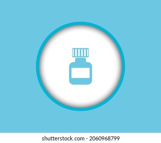 Medical button template on a blue background with a plastic jar for medicines, pills, tabs.