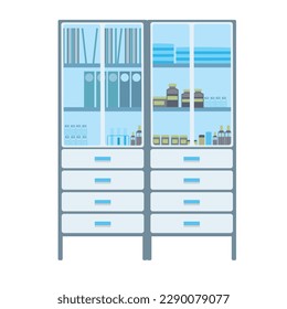 Medical cabinet with pills, medicine, vials and medical supplies. Medical furniture. Vector illustration isolated on white background.