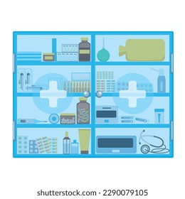 Medical cabinet with pills, medicine, vials and medical supplies. Medical furniture. Vector illustration isolated on white background.