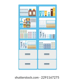 Medical cabinet with pills, medicine, vials and medical supplies. Medical furniture. Vector illustration isolated on white background.