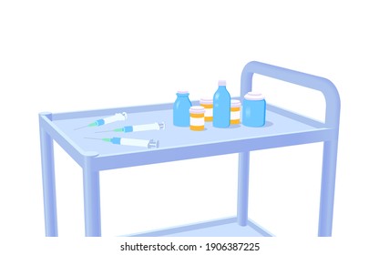 Medical Cabinet Trolley With Medical Syringes, Flask And Jars Isometric Vector Illustration. Medical Equipment For Vaccination 