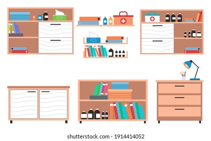 Medical cabinet or wardrobe for interior in clinic or hospital, shelves with bottles, first aid, folders, medical containers, jars, wooden furniture for medical office, design with shelves, drawers