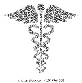 Medical Caduceus Emblem collage of dollars. Vector dollar pictograms are grouped into medical caduceus emblem mosaic.