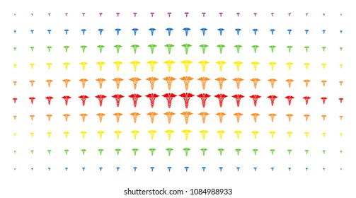 Medical caduceus emblem icon rainbow colored halftone pattern. Vector medical caduceus emblem pictograms are organized into halftone matrix with vertical spectral gradient.