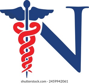 Caduceo médico con la letra N diseño del logotipo