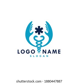 Medical caduceus logo vector, with hand and star of life as health care symbol. Universal health resque illustration. Asclepius wand icon