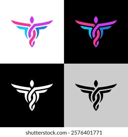 Medical caduceus stylized logo. Elegant style colorful human figure with opened wings and weaving body.