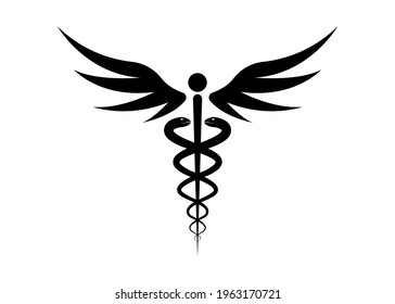 Medical caduceus symbol in black color. Logo concept of public health, two snake torches silhouette. Ancient hermes rod sign, vector isolated on white background 