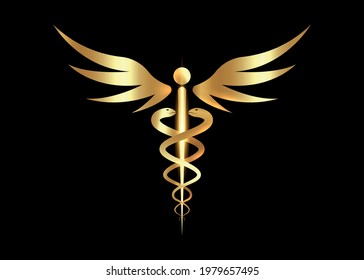 Medical caduceus symbol in golden color. gold luxury Logo concept of public health, two snake torches silhouette. Ancient hermes rod sign, vector isolated on black background 