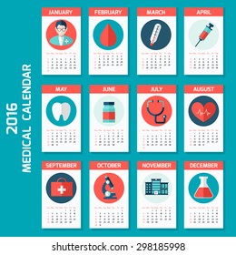 Medical calendar for 2016 year (week starts on Sunday). Colorful theme for your design, prints and illustrations