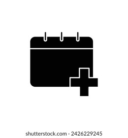 Icono de calendario médico. Estilo sólido simple. Calendario de medicamentos, tratamiento, agenda, concepto de medicina. Silueta negra, símbolo de glifo. Ilustración vectorial aislada.