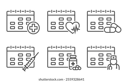 Medical calendar line icon set. Health care schedule reminder. Isolated vector images in simple style