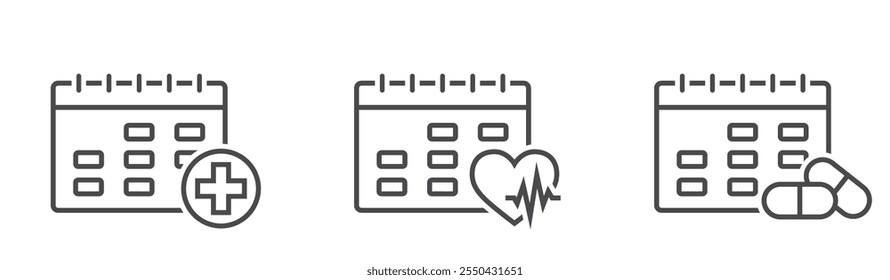 Medical calendar line icons. Health care schedule reminder. Isolated vector images in simple style