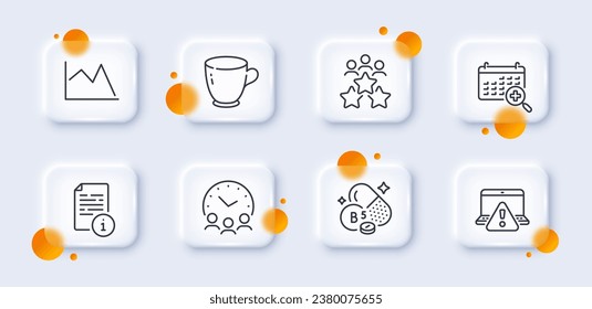 Medical calendar, Meeting time and Online warning line icons pack. 3d glass buttons with blurred circles. Pantothenic acid, Manual, Tea cup web icon. Business meeting, Line chart pictogram. Vector