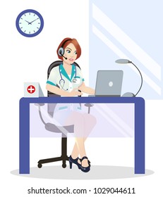 Medical call center operator at work. isolated on white background. Emergency concept with medical helpline operator wearing headset sitting at table and consulting people, vector
