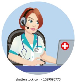 Medical call center operator at work. isolated on white background. Emergency concept with medical helpline operator wearing headset sitting at table and consulting people, vector