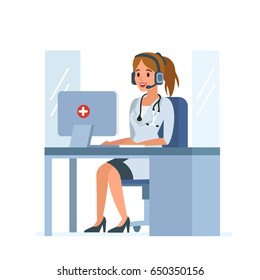 Medical call center operator at work. Flat style vector illustration isolated on white  background.