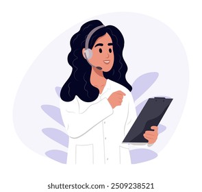 Medical call center service. Doctor in a white coat with headphones and microphone to help a patient during an accident or emergency.