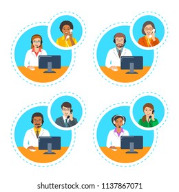 Medical Call Center Support Operators. Doctors With Headsets Talk By Phone With Patients. Vector Cartoon Illustration. Customer Care Service Online. Women And Men Of Different Ethnicity In White Coats