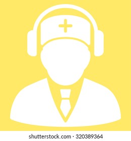 Medical Call Center vector icon. Style is flat symbol, white color, rounded angles, yellow background.