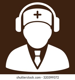 Medical Call Center vector icon. Style is flat symbol, white color, rounded angles, brown background.