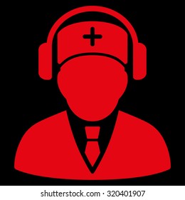 Medical Call Center vector icon. Style is flat symbol, red color, rounded angles, black background.
