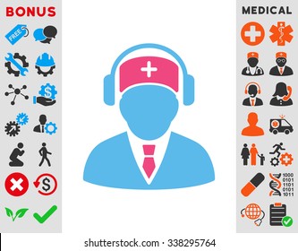 Medical Call Center vector icon with bonus. Style is bicolor flat symbol, pink and blue colors, rounded angles, white background.