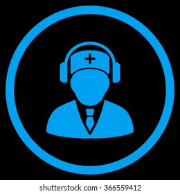 Medical Call Center vector icon. Style is flat circled symbol, blue color, rounded angles, black background.